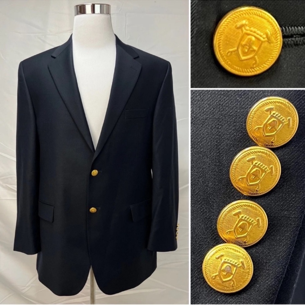 Ralph Lauren Men's 46L Navy Blue Gold 2-Button Wool Blazer Jacket Sport Coat